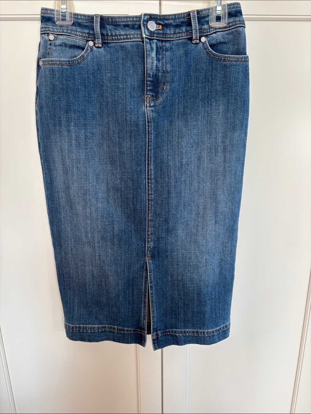Vintage Talbots Blue Denim Midi Pencil Skirt with Front Vent Size 2P
